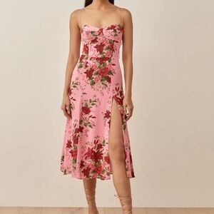 Reformation Juliette Valeria Pink Floral Midi Dress with Side Slit
